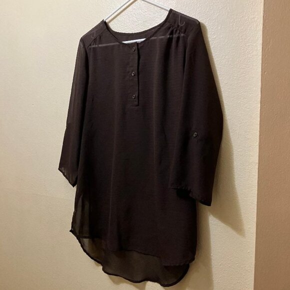 Chico's Women's Brown Semi Sheer 1/4 Button Roll Tab Sleeve Blouse Size 1/M - Picture 1 of 5